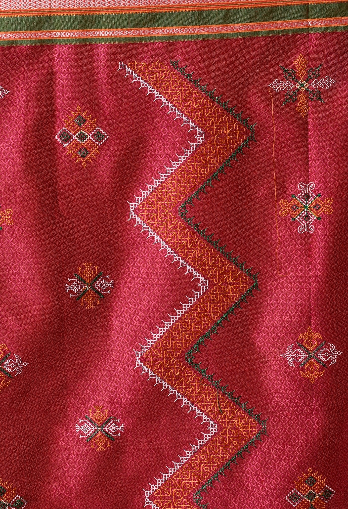 Ruby Red Kasuti Embroidered Khunn Saree - Swapna Creation