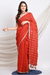 Scarlet Red Handwoven Linen Saree with silver handspun zari border and stripes on Pallu - Swapna Creation