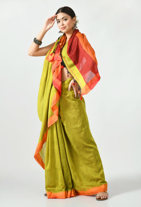 Shaded Green Bengal Mal Cotton with Contrast pallu and Border Saree - Swapna Creation