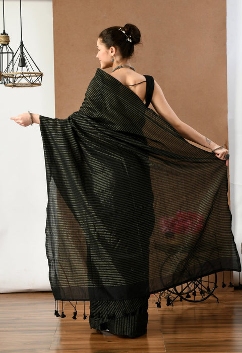 Swapna Creation Black Cotton with Lurex stripe saree - Swapna Creation