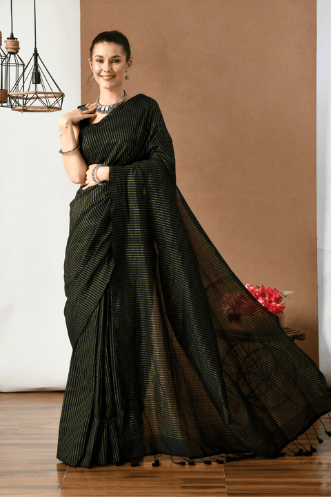 Swapna Creation Black Cotton with Lurex stripe saree - Swapna Creation