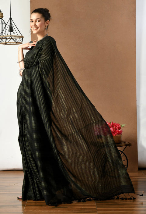 Swapna Creation Black Cotton with Lurex stripe saree - Swapna Creation