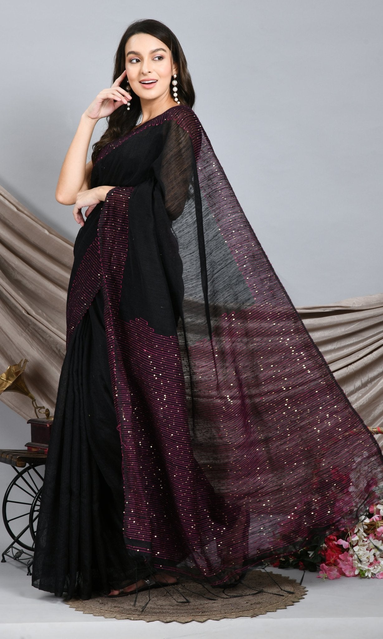 Swapna Creation Black Matka Silk Saree with Sequins work - Swapna Creation