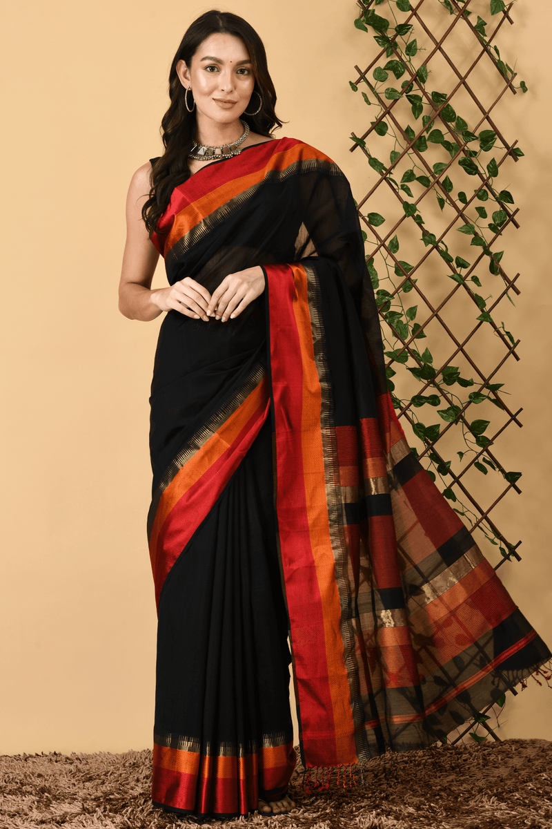 Black Pure Silk Cotton Handwoven Maheshwari Saree– Swapna Creation