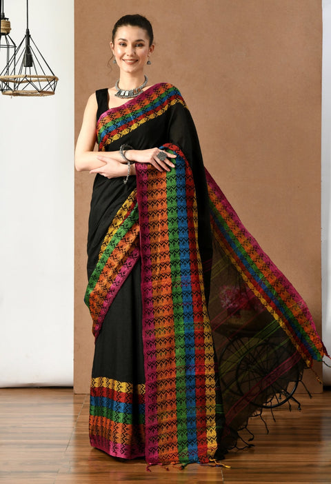 Swapna Creation Black With Multi Color Border Begumpuri Khadi Cotton Saree - Swapna Creation