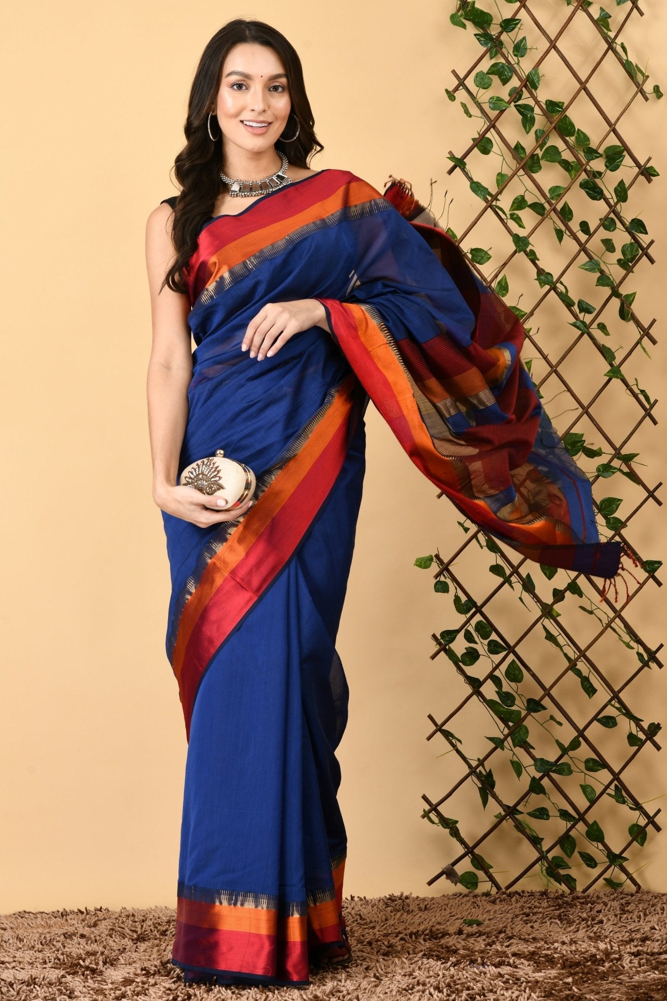 Swapna Creation Blue Pure Silk Cotton Handwoven Maheshwari Saree - Swapna Creation