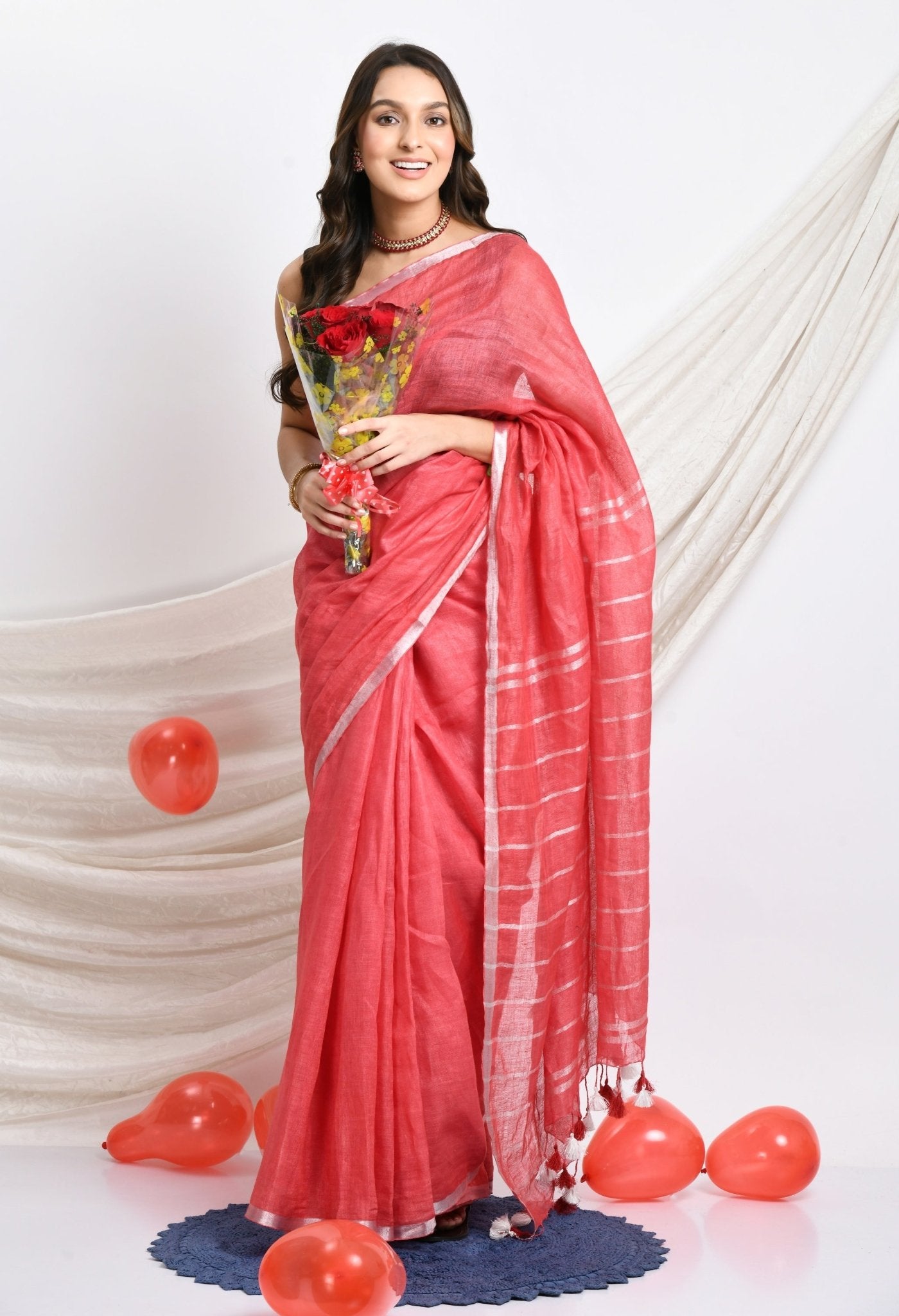 Swapna Creation Blush Pink Handwoven Linen Saree with silver handspun zari border and stripes on Pallu - Swapna Creation