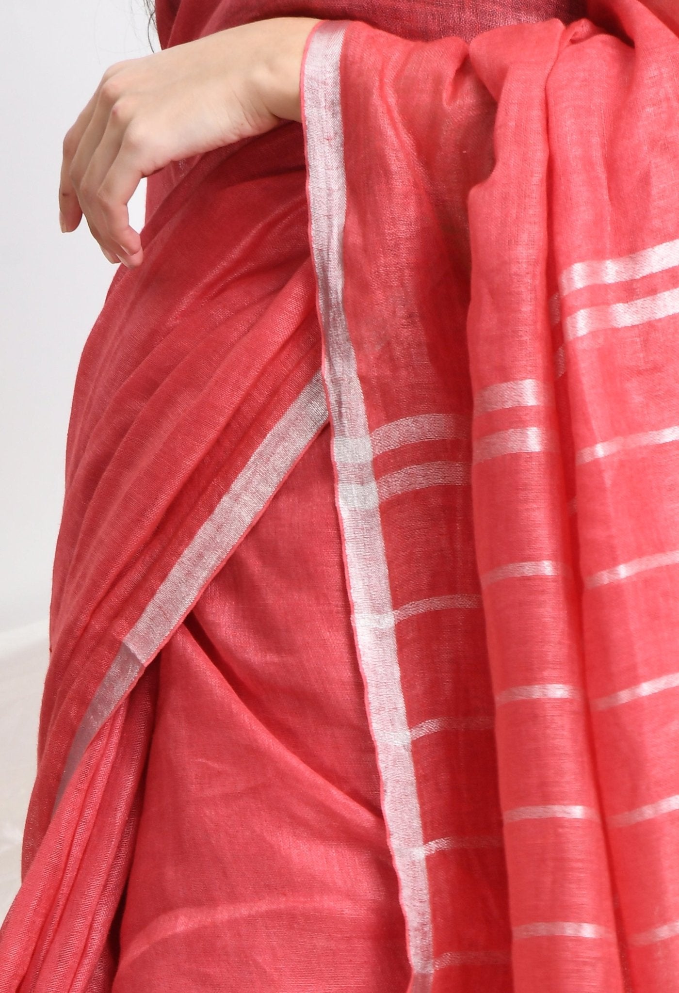 Swapna Creation Blush Pink Handwoven Linen Saree with silver handspun zari border and stripes on Pallu - Swapna Creation