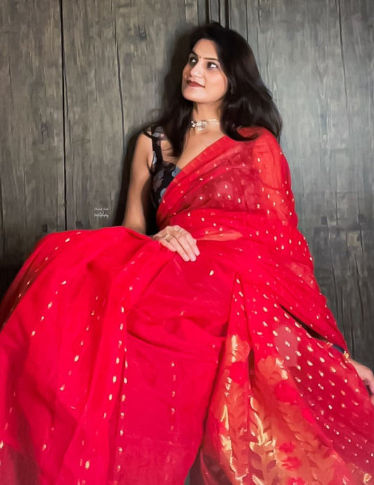 Swapna Creation Cotton Silk Red Jamdani Saree with woven Zari motifs - Swapna Creation