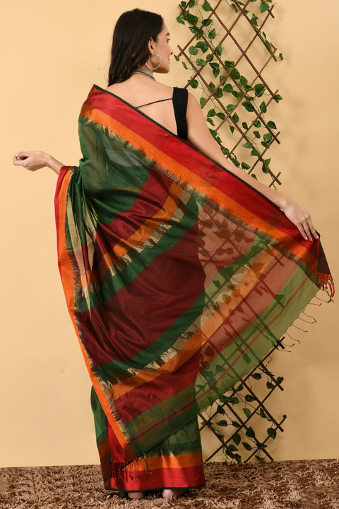 Swapna Creation Green Pure Silk Cotton Handwoven Maheshwari Saree - Swapna Creation