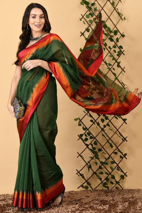 Swapna Creation Green Pure Silk Cotton Handwoven Maheshwari Saree - Swapna Creation