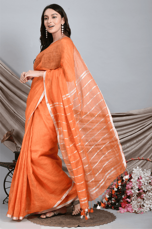 Swapna Creation Orange Handwoven Linen Saree with silver hand spun zari border and stripes on Pallu - Swapna Creation