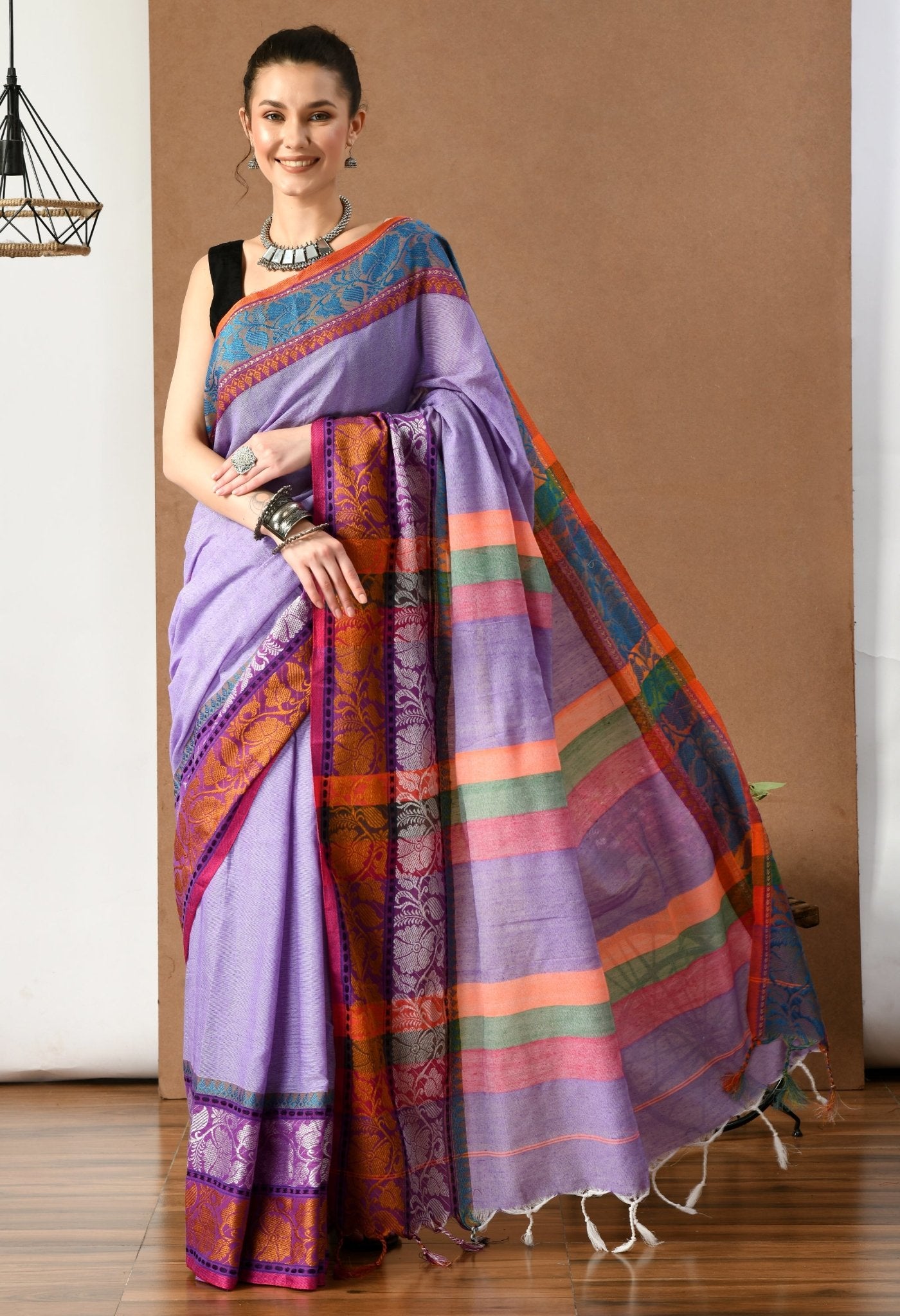 Swapna Creation Purple Khadi Cotton Saree with Multi Color Pallu - Swapna Creation