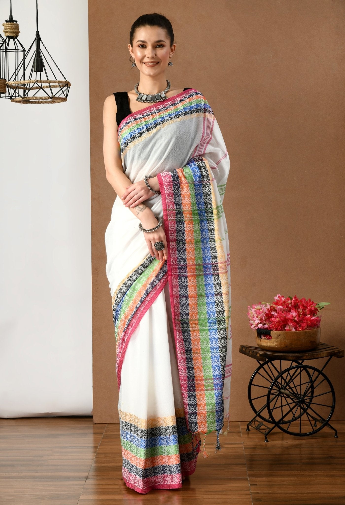Swapna Creation White with multicolor Border Begumpuri Khadi Cotton Saree - Swapna Creation