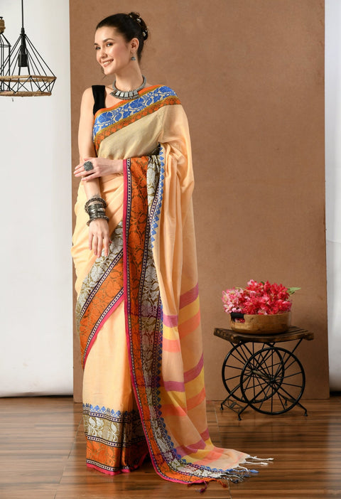 Swapna Creation Yellow Khadi Cotton Saree with Multi Color Pallu - Swapna Creation