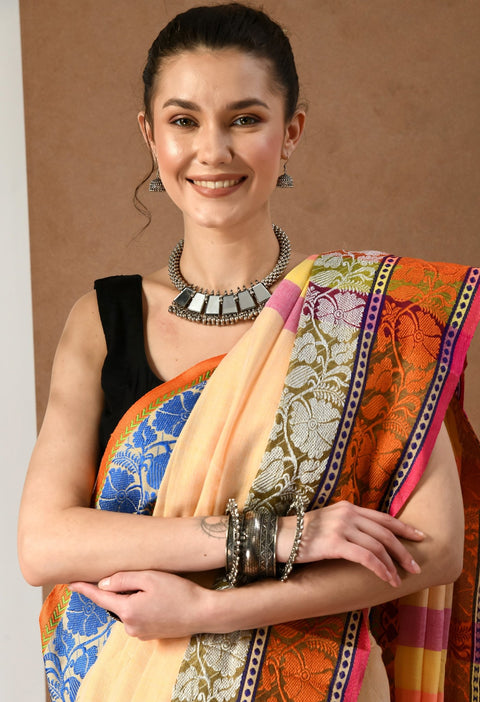 Swapna Creation Yellow Khadi Cotton Saree with Multi Color Pallu - Swapna Creation