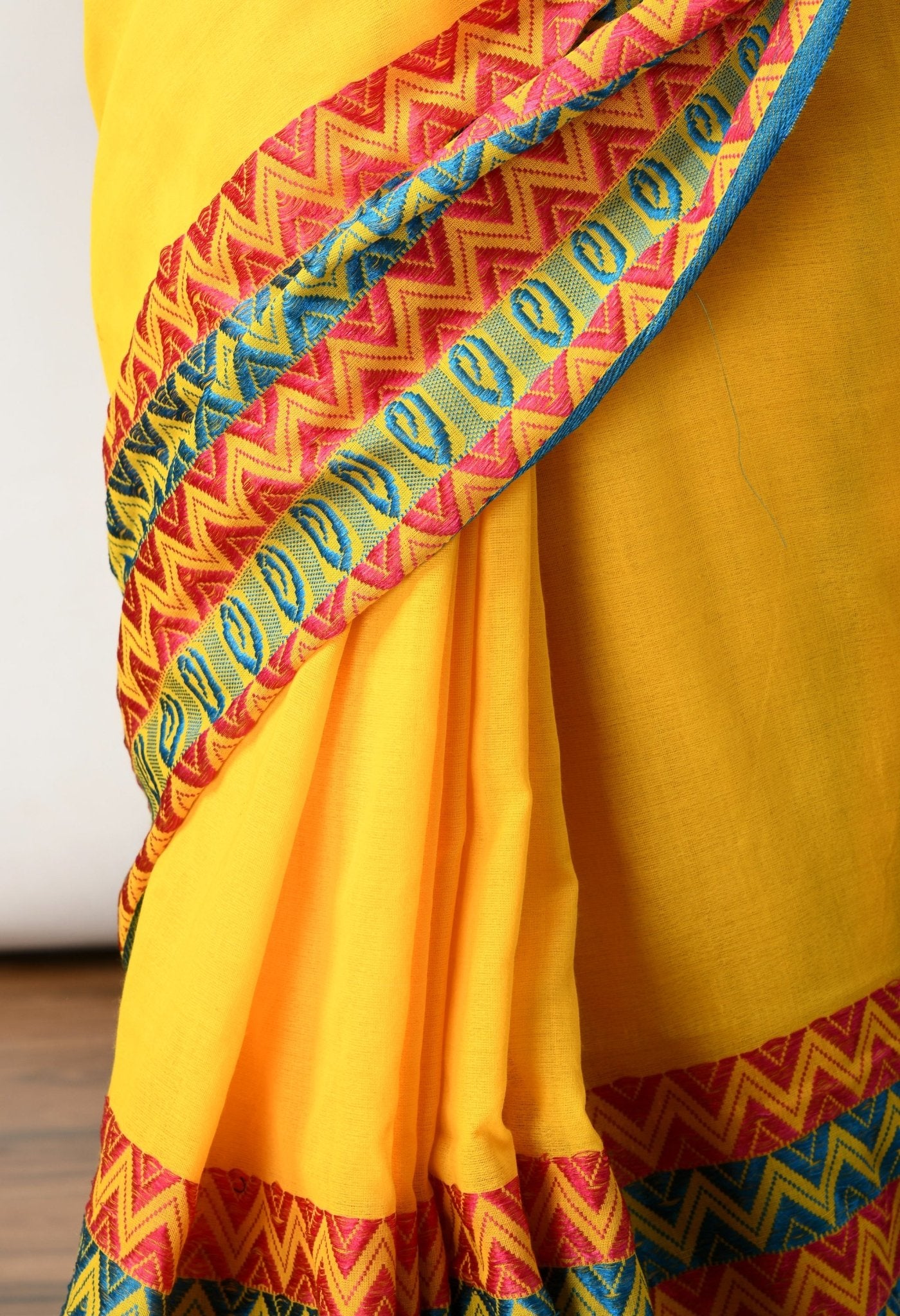 Swapna Creation Yellow with multicolot Border Begumpuri Khadi Cotton Saree - Swapna Creation
