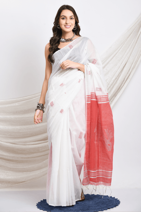 White with Red Cotton Silk Handwoven Jamdani Saree - Swapna Creation