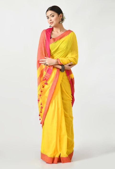 Yellow Bengal Mal Cotton with Contrast pallu and Border Saree - Swapna Creation