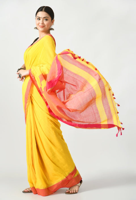 Yellow Bengal Mal Cotton with Contrast pallu and Border Saree - Swapna Creation