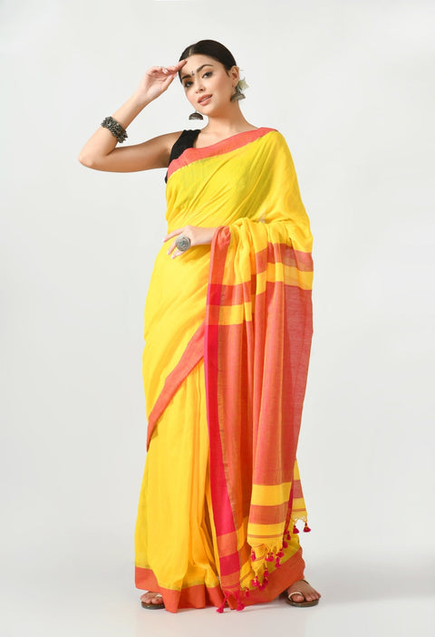 Yellow Bengal Mal Cotton with Contrast pallu and Border Saree - Swapna Creation